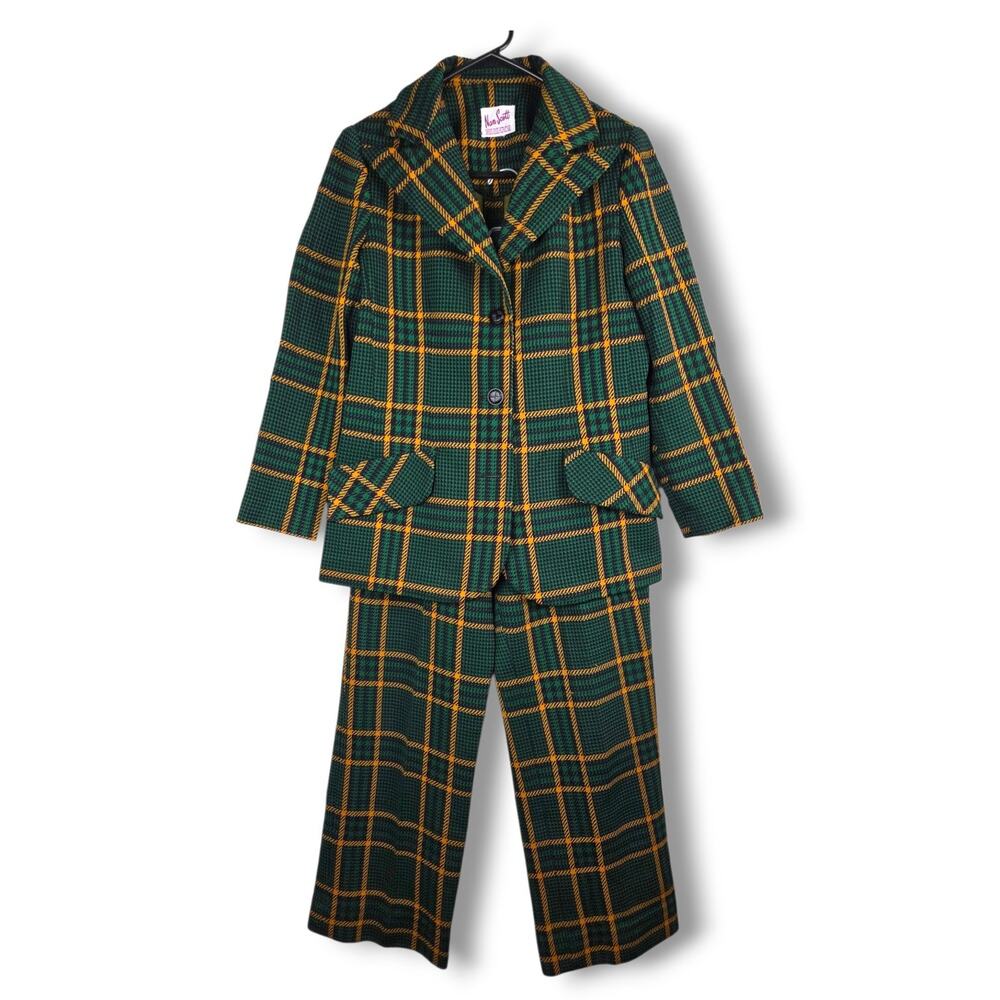 Vintage Womens Medium Leisure Suit Pantsuit Set Green Gold Plaid Blazer Pants